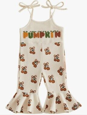 Pumpkin Print Cream Ruffle Kids Jumpsuit